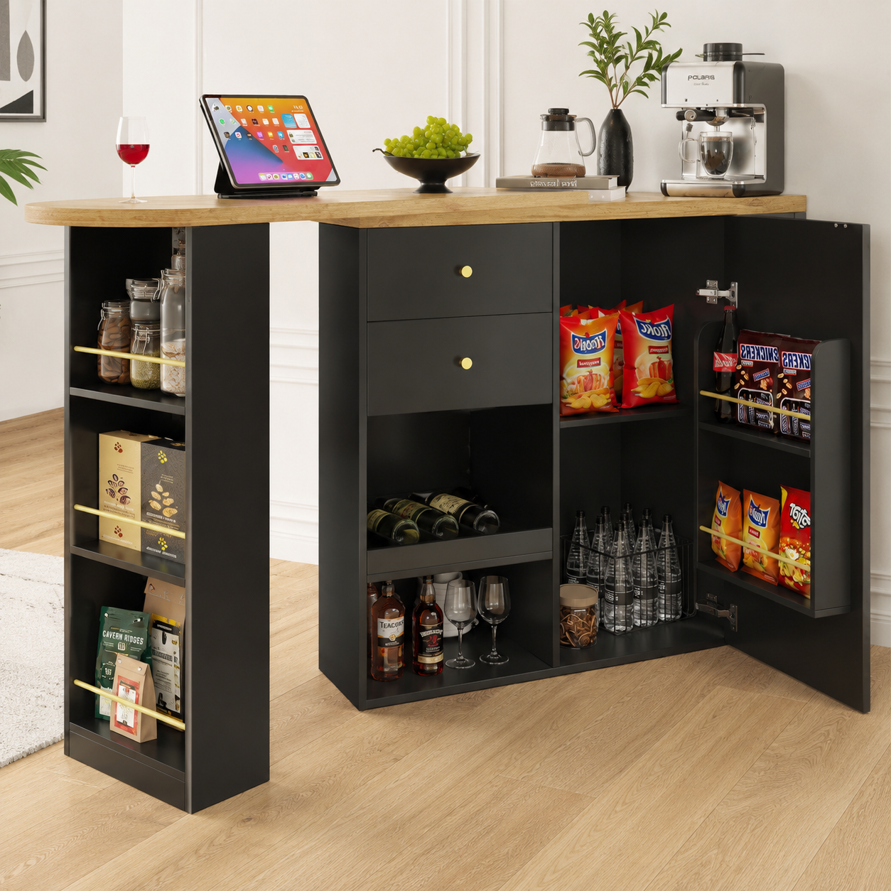 Kitchen Island Bar Table with Storage – 360° Swivel Bar Table with Drawers &amp; Cabinet, Black