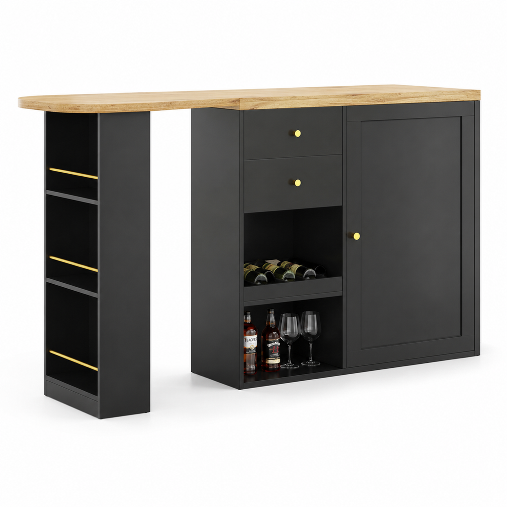 Kitchen Island Bar Table with Storage – 360° Swivel Bar Table with Drawers &amp; Cabinet, Black