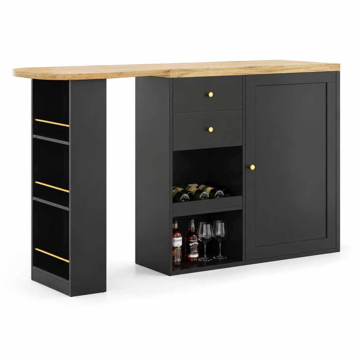 Kitchen Island Bar Table with Storage – 360° Swivel Bar Table with Drawers &amp; Cabinet, Black