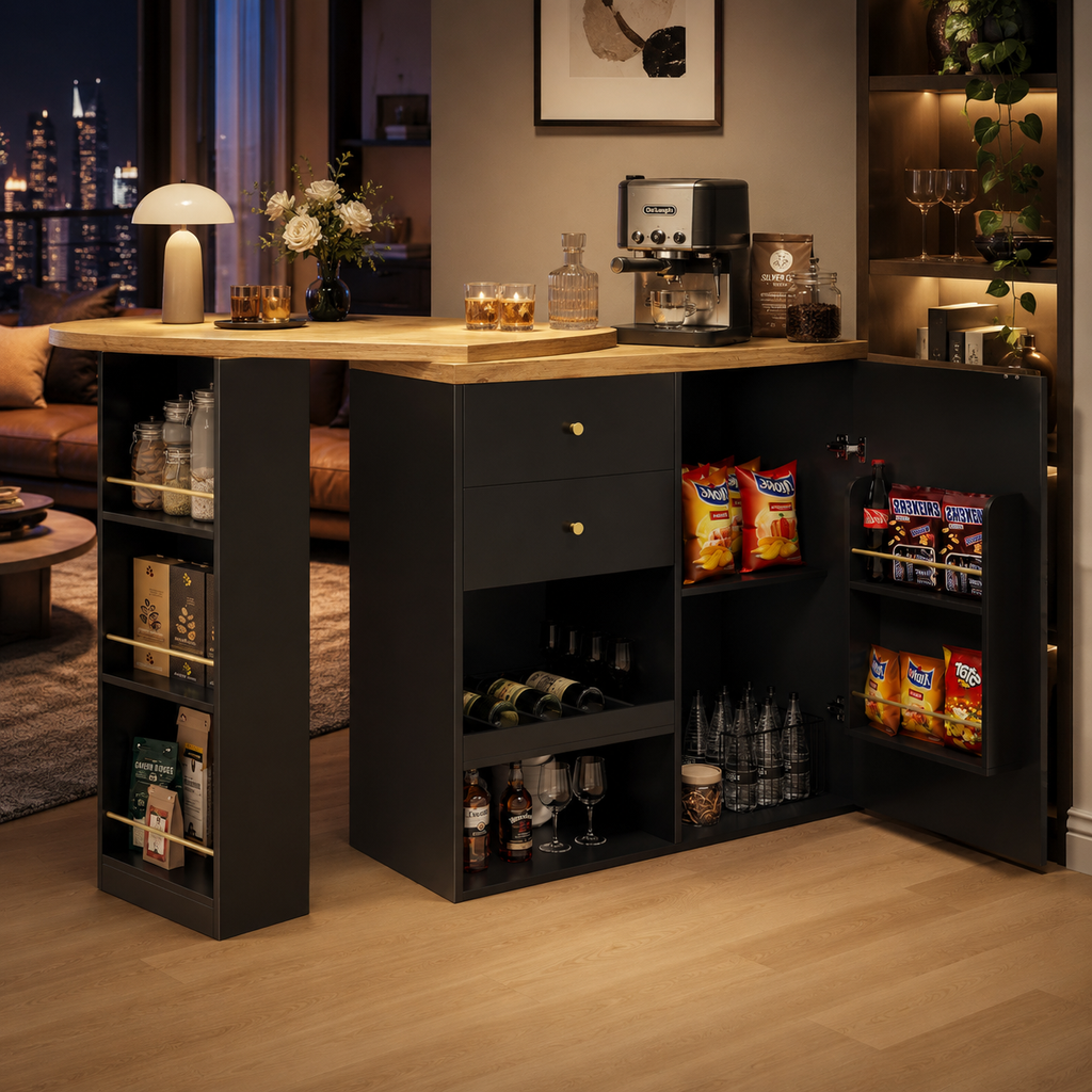 Kitchen Island Bar Table with Storage – 360° Swivel Bar Table with Drawers &amp; Cabinet, Black