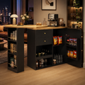 Kitchen Island Bar Table with Storage – 360° Swivel Bar Table with Drawers &amp; Cabinet, Black
