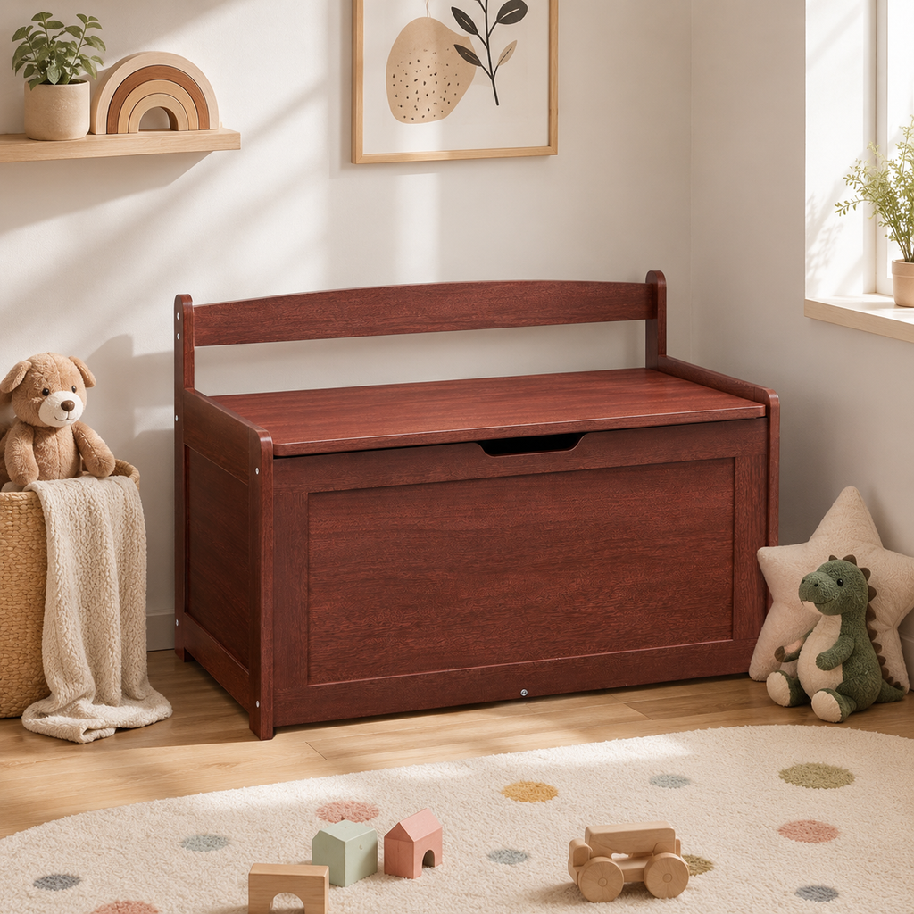 Wooden Toy Chest For Kids, Toddler Toy Storage Box With Flip-Top Lid And Safety Hinge, 32.68 X 17.91 X 24.02" Large Kids Storage Bench For Playroom, Bedroom, Living Room Or Entryway, Cherry