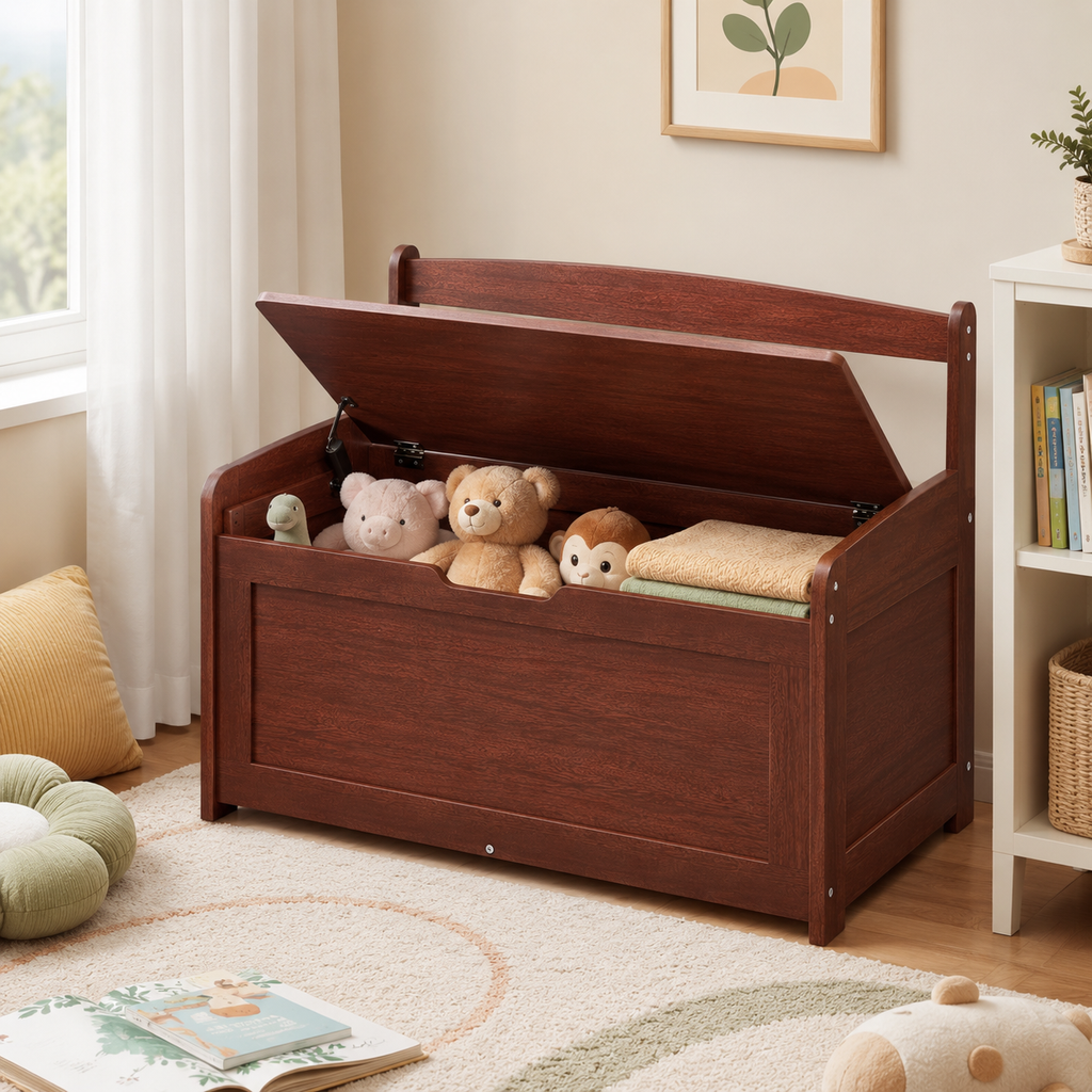 Wooden Toy Chest For Kids, Toddler Toy Storage Box With Flip-Top Lid And Safety Hinge, 32.68 X 17.91 X 24.02" Large Kids Storage Bench For Playroom, Bedroom, Living Room Or Entryway, Cherry