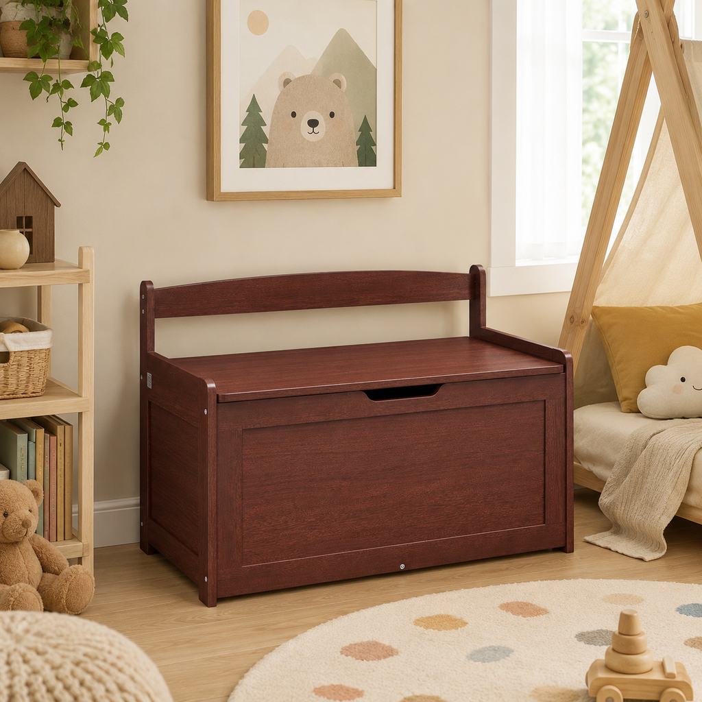 Wooden Toy Chest For Kids, Toddler Toy Storage Box With Flip-Top Lid And Safety Hinge, 32.68 X 17.91 X 24.02" Large Kids Storage Bench For Playroom, Bedroom, Living Room Or Entryway, Cherry