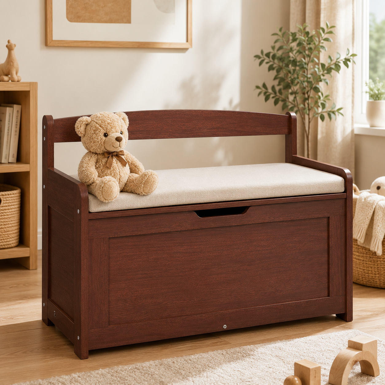 Wooden Toy Chest For Kids, Toddler Toy Storage Box With Flip-Top Lid And Safety Hinge, 32.68 X 17.91 X 24.02" Large Kids Storage Bench For Playroom, Bedroom, Living Room Or Entryway, Cherry