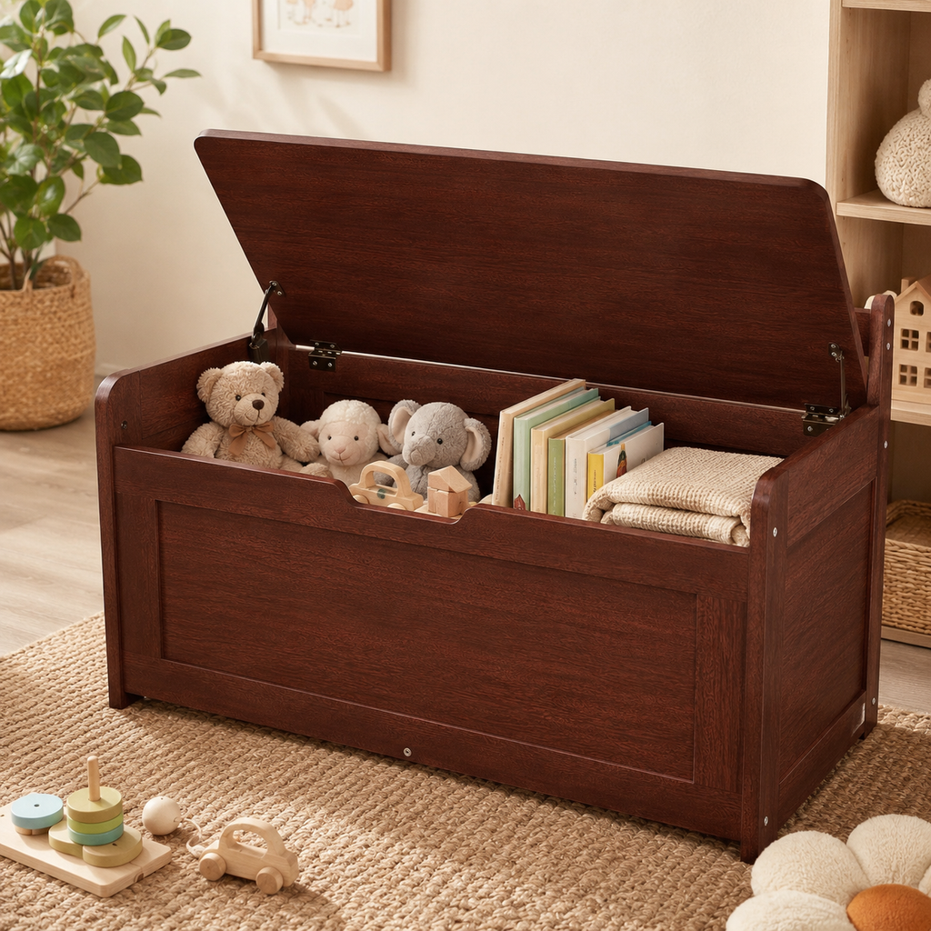 Wooden Toy Chest For Kids, Toddler Toy Storage Box With Flip-Top Lid And Safety Hinge, 32.68 X 17.91 X 24.02" Large Kids Storage Bench For Playroom, Bedroom, Living Room Or Entryway, Cherry