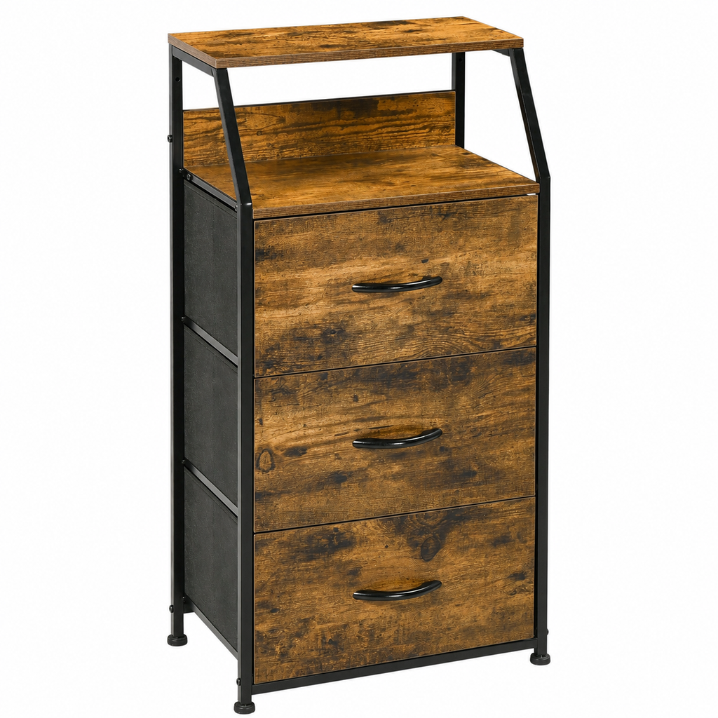 Industrial Storage Cabinet, Fabric Chest Of Drawers With Display Shelves, 3 Drawers Storage Unit For Living Room, Rustic Brown