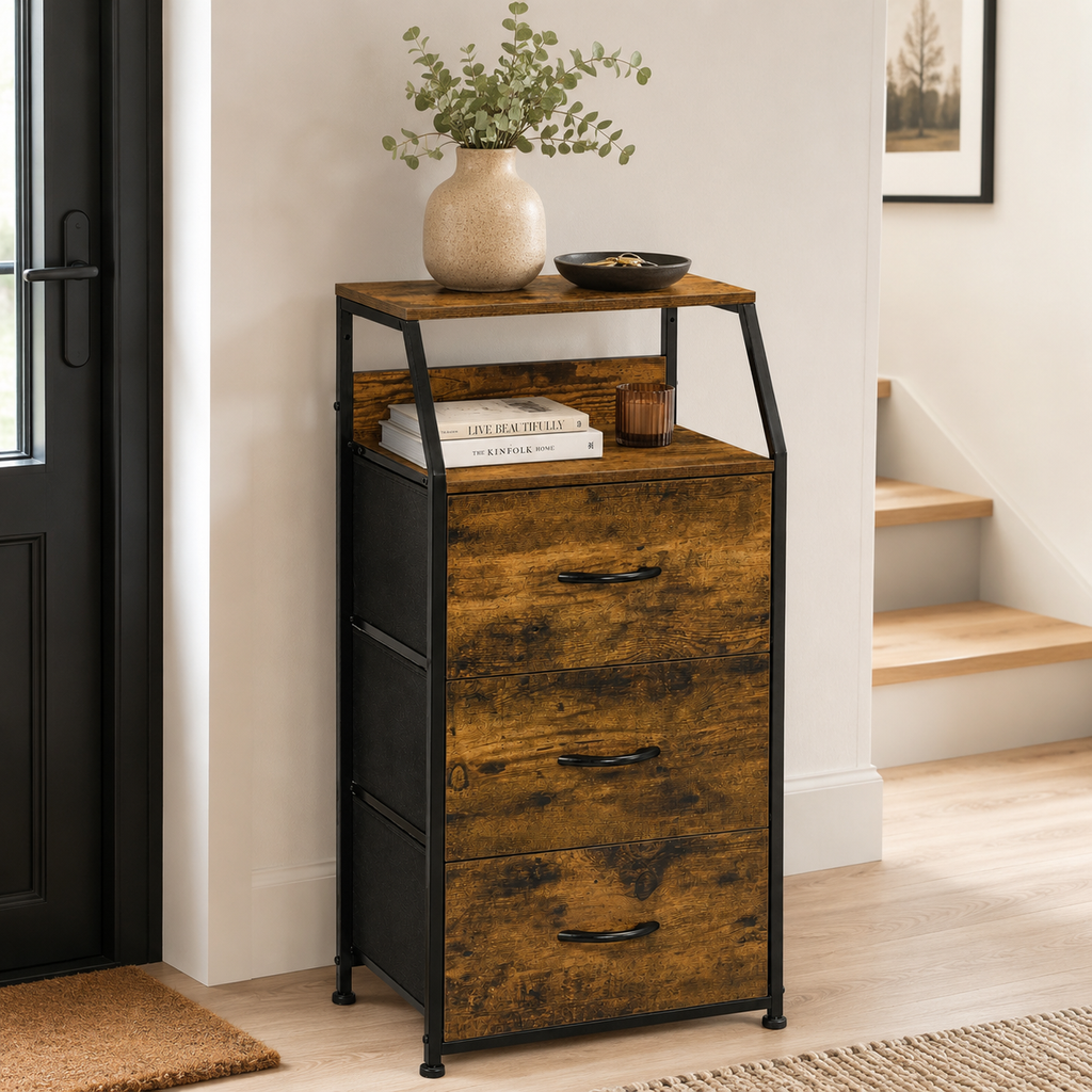 Industrial Storage Cabinet, Fabric Chest Of Drawers With Display Shelves, 3 Drawers Storage Unit For Living Room, Rustic Brown