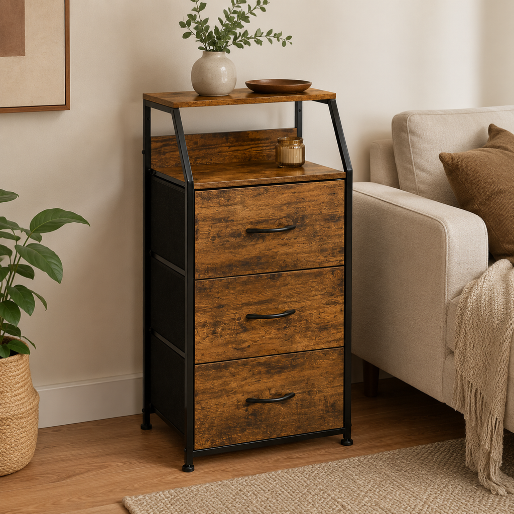 Industrial Storage Cabinet, Fabric Chest Of Drawers With Display Shelves, 3 Drawers Storage Unit For Living Room, Rustic Brown