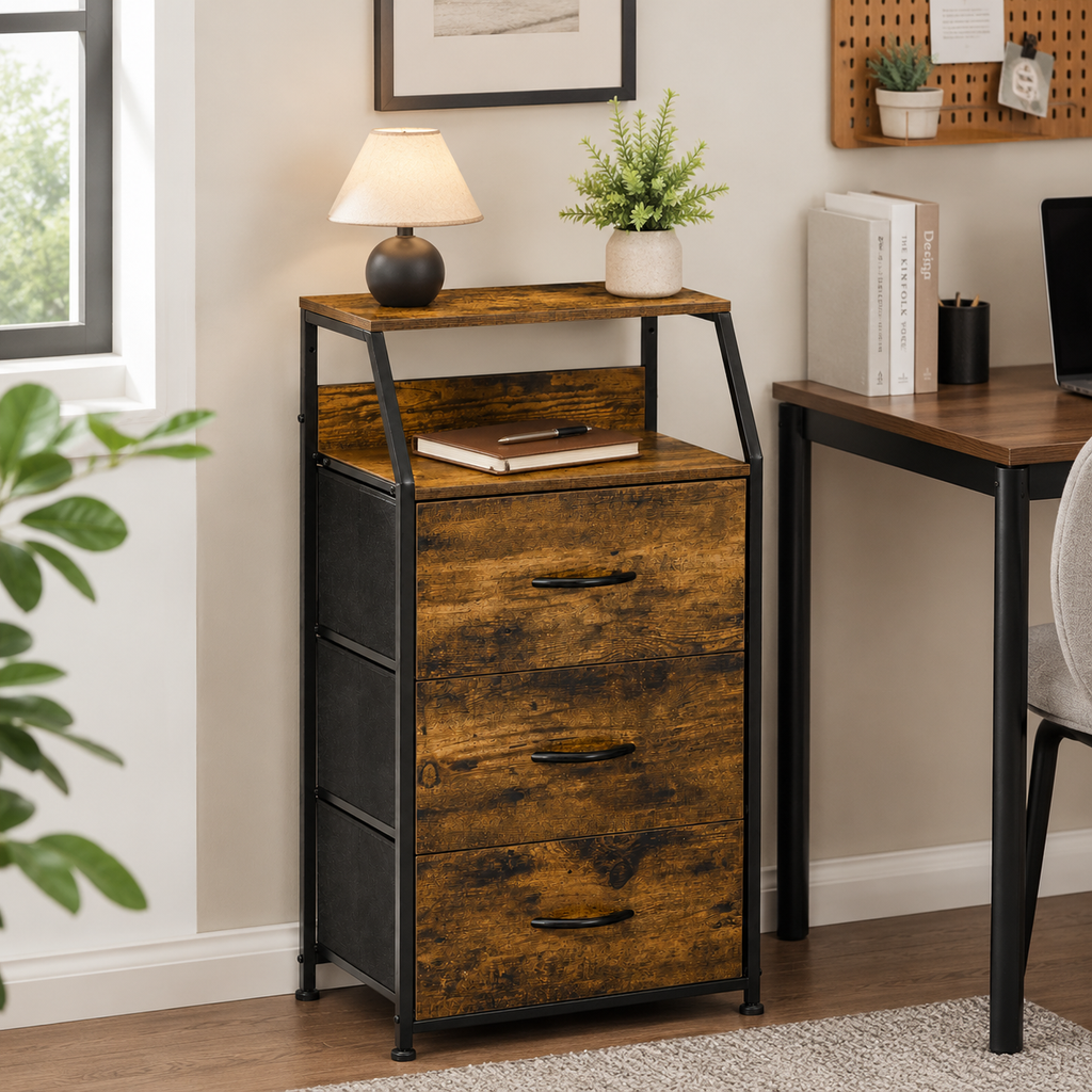 Industrial Storage Cabinet, Fabric Chest Of Drawers With Display Shelves, 3 Drawers Storage Unit For Living Room, Rustic Brown