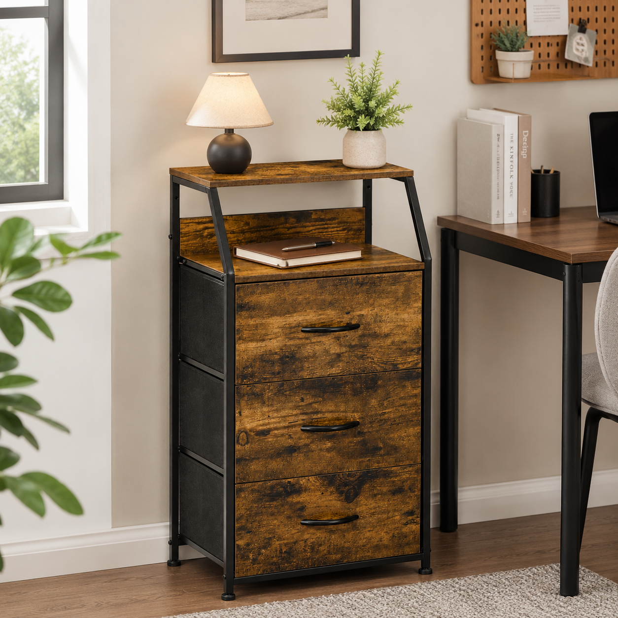 Industrial Storage Cabinet, Fabric Chest Of Drawers With Display Shelves, 3 Drawers Storage Unit For Living Room, Rustic Brown