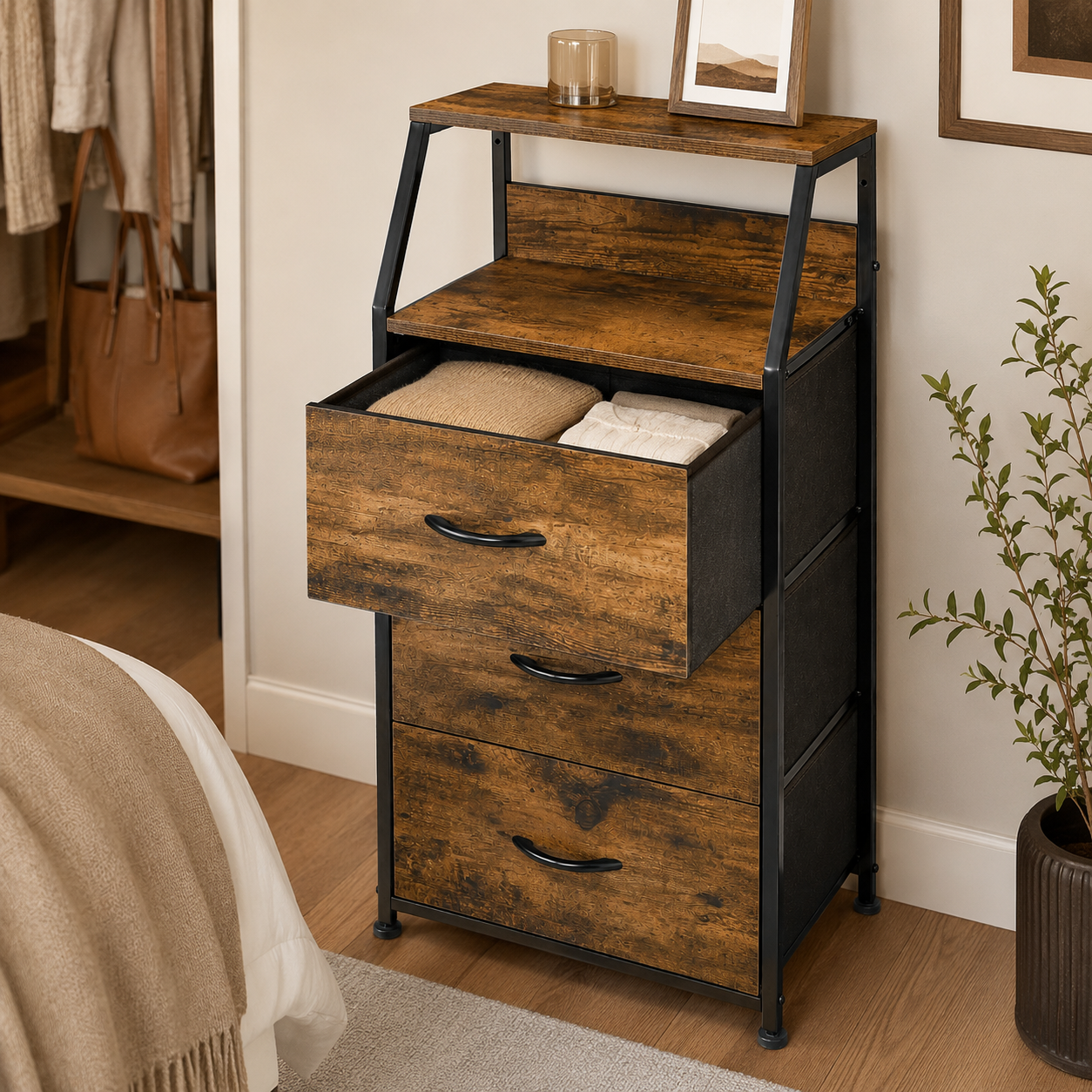 Industrial Storage Cabinet, Fabric Chest Of Drawers With Display Shelves, 3 Drawers Storage Unit For Living Room, Rustic Brown