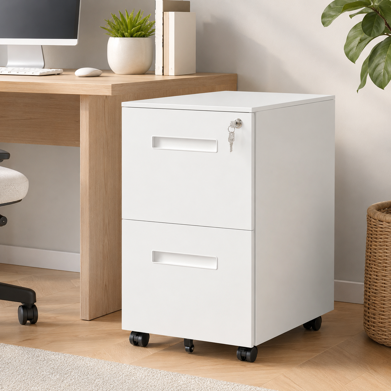 Lockable 2-Drawer Filing Cabinet – Mobile Metal Under-Desk Office Storage with Wheels, White
