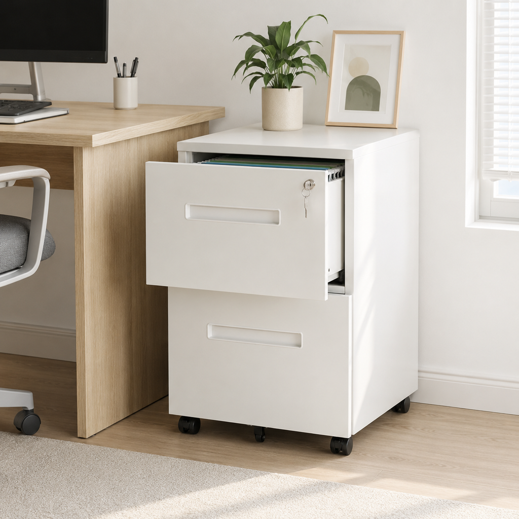 Lockable 2-Drawer Filing Cabinet – Mobile Metal Under-Desk Office Storage with Wheels, White