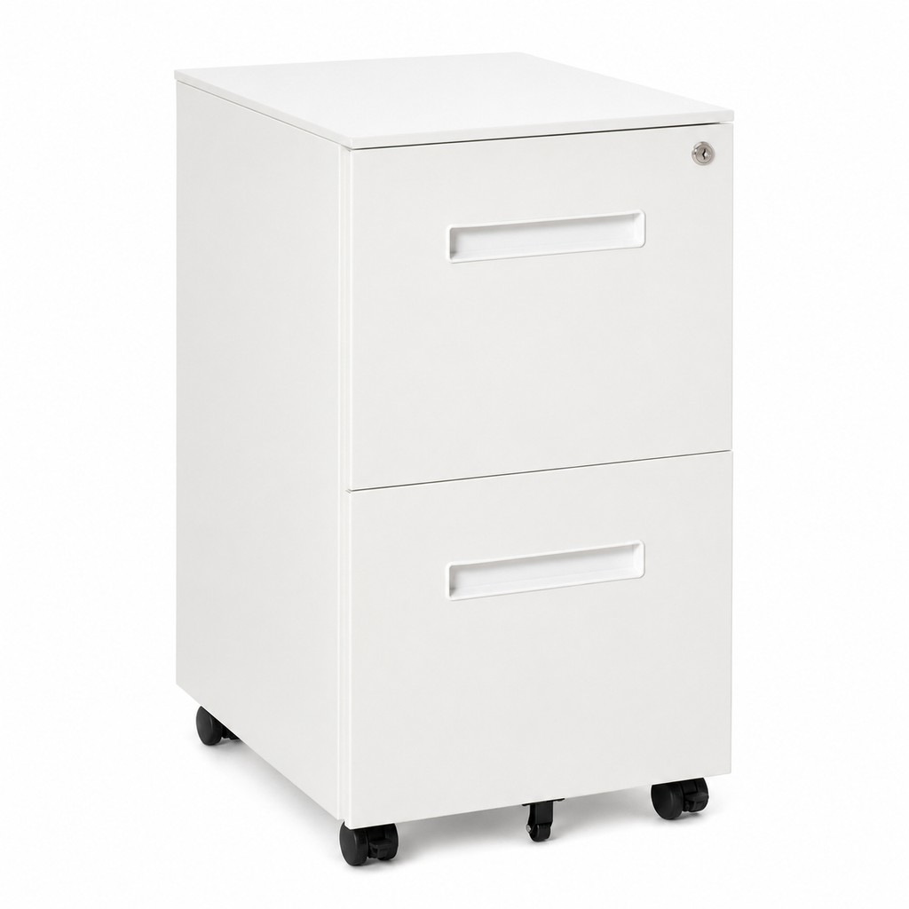 Lockable 2-Drawer Filing Cabinet – Mobile Metal Under-Desk Office Storage with Wheels, White