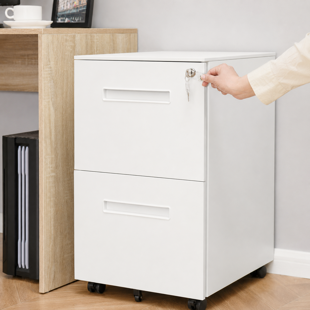 Lockable 2-Drawer Filing Cabinet – Mobile Metal Under-Desk Office Storage with Wheels, White