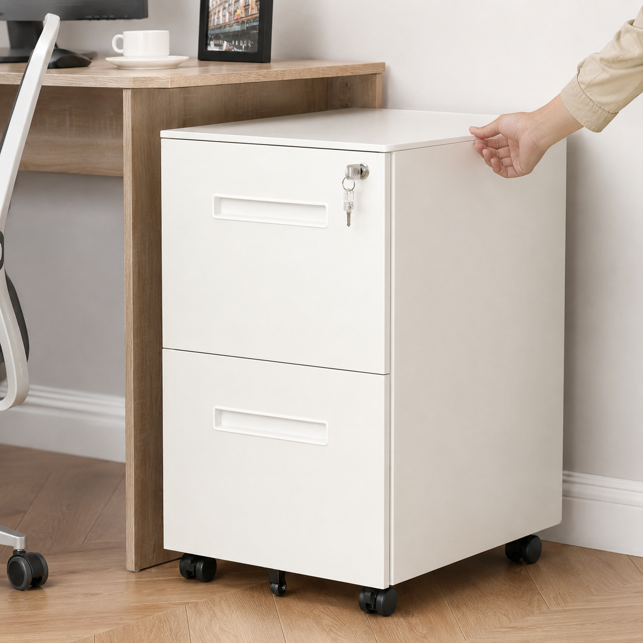 Lockable 2-Drawer Filing Cabinet – Mobile Metal Under-Desk Office Storage with Wheels, White