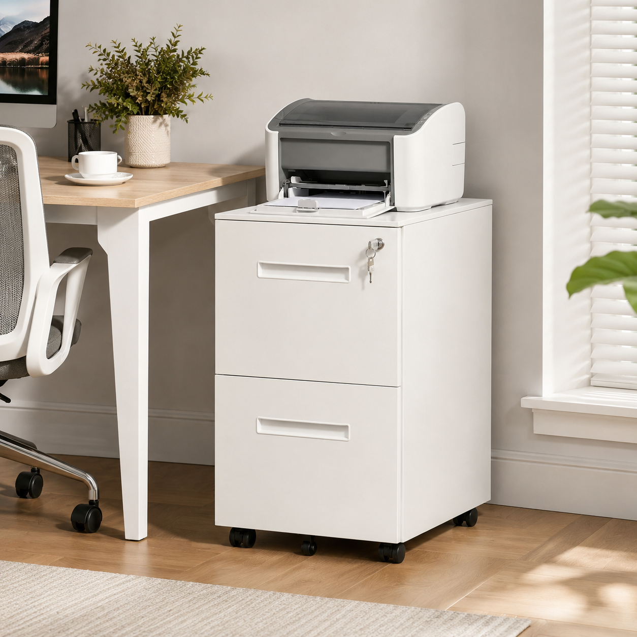 Lockable 2-Drawer Filing Cabinet – Mobile Metal Under-Desk Office Storage with Wheels, White