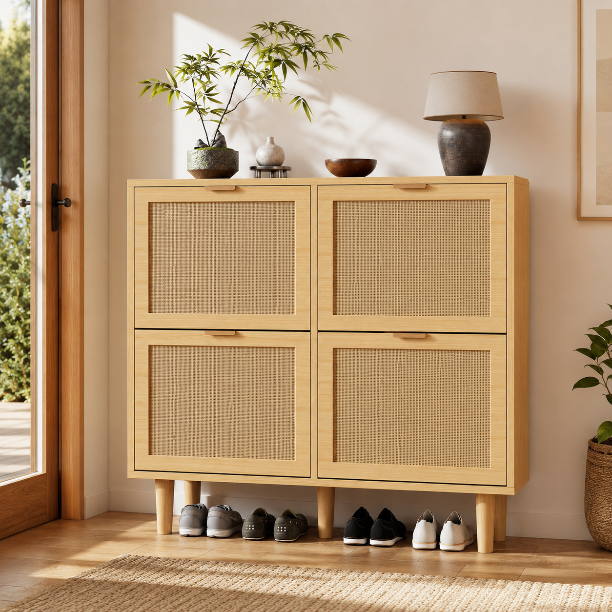 Rattan Shoe Storage Cabinet – Slim Hallway Shoe Cupboard with 4 Flip Drawers, Light Oak