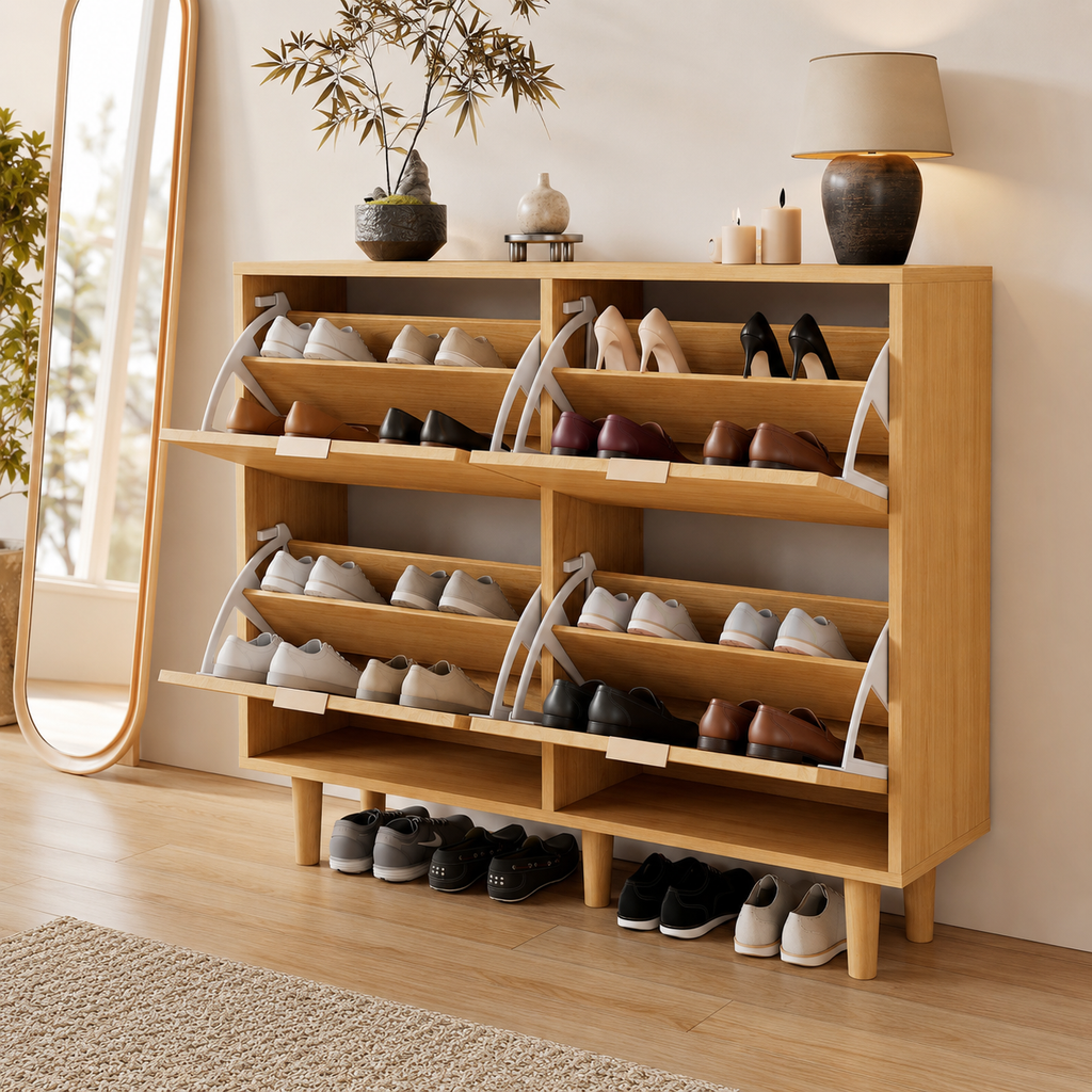 Rattan Shoe Storage Cabinet – Slim Hallway Shoe Cupboard with 4 Flip Drawers, Light Oak