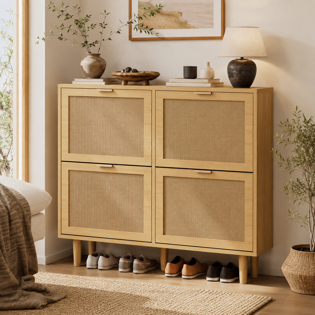 Rattan Shoe Storage Cabinet – Slim Hallway Shoe Cupboard with 4 Flip Drawers, Light Oak