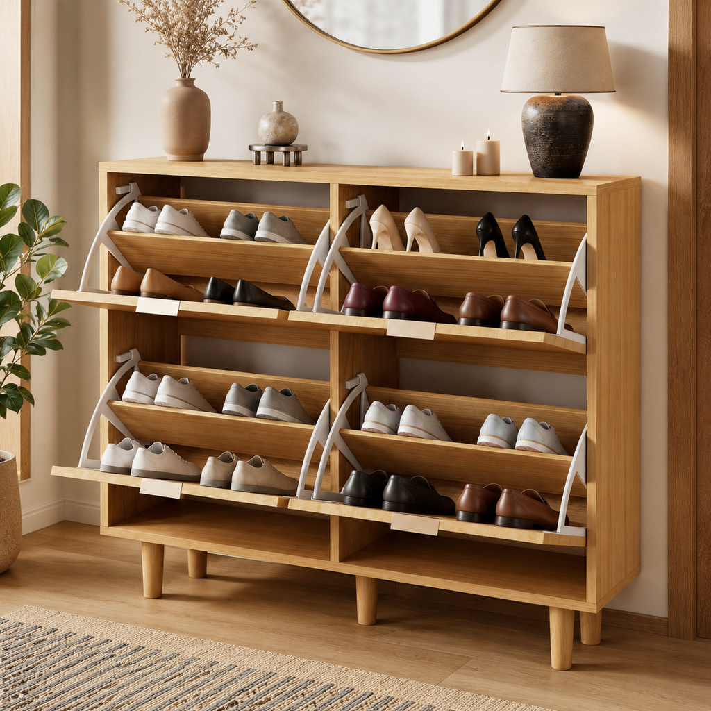 Rattan Shoe Storage Cabinet – Slim Hallway Shoe Cupboard with 4 Flip Drawers, Light Oak