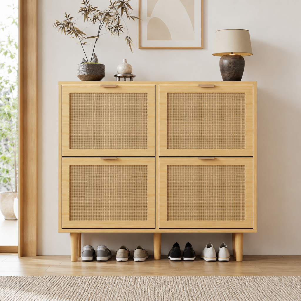 Rattan Shoe Storage Cabinet – Slim Hallway Shoe Cupboard with 4 Flip Drawers, Light Oak