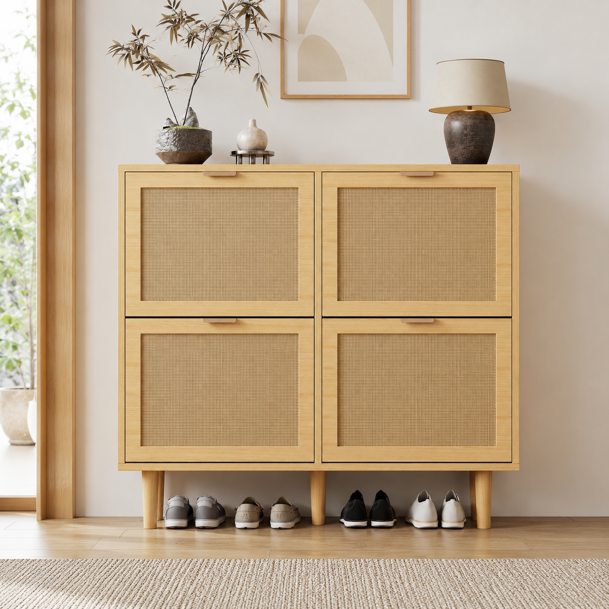Rattan Shoe Storage Cabinet – Slim Hallway Shoe Cupboard with 4 Flip Drawers, Light Oak