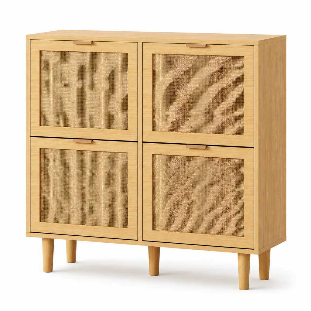 Rattan Shoe Storage Cabinet – Slim Hallway Shoe Cupboard with 4 Flip Drawers, Light Oak