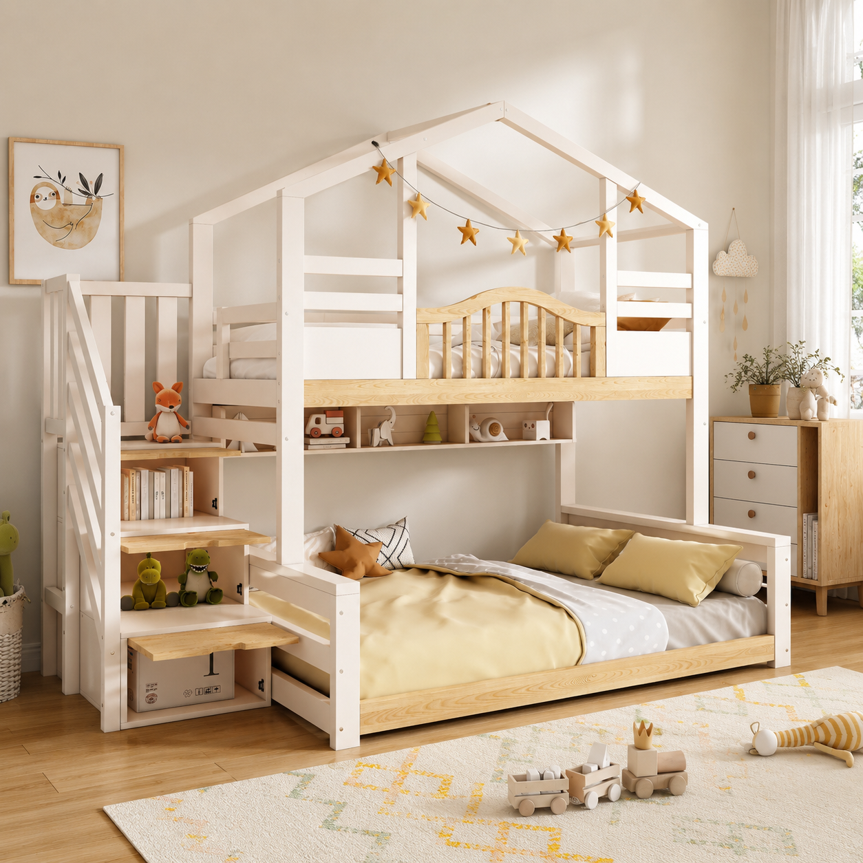 House Bunk Bed with Stairs &amp; Storage – Kids' House-Shaped Wooden Bed, 90/135 x 190 cm, White &amp; Natural
