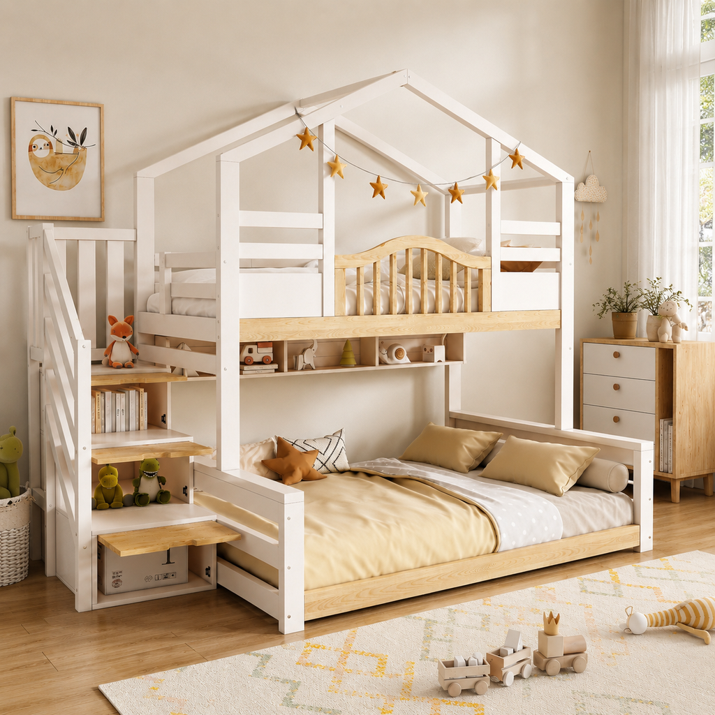 House Bunk Bed with Stairs &amp; Storage – Kids' House-Shaped Wooden Bed, 90/135 x 190 cm, White &amp; Natural