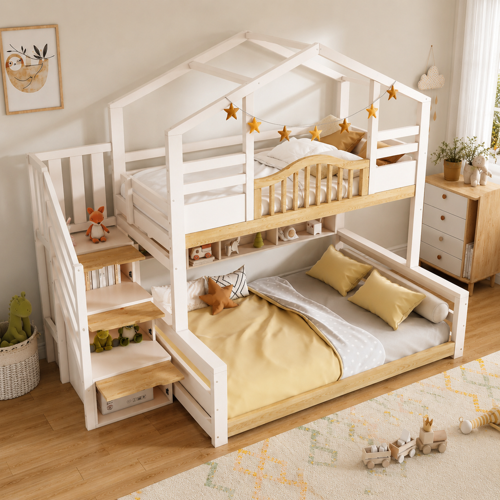 House Bunk Bed with Stairs &amp; Storage – Kids' House-Shaped Wooden Bed, 90/135 x 190 cm, White &amp; Natural