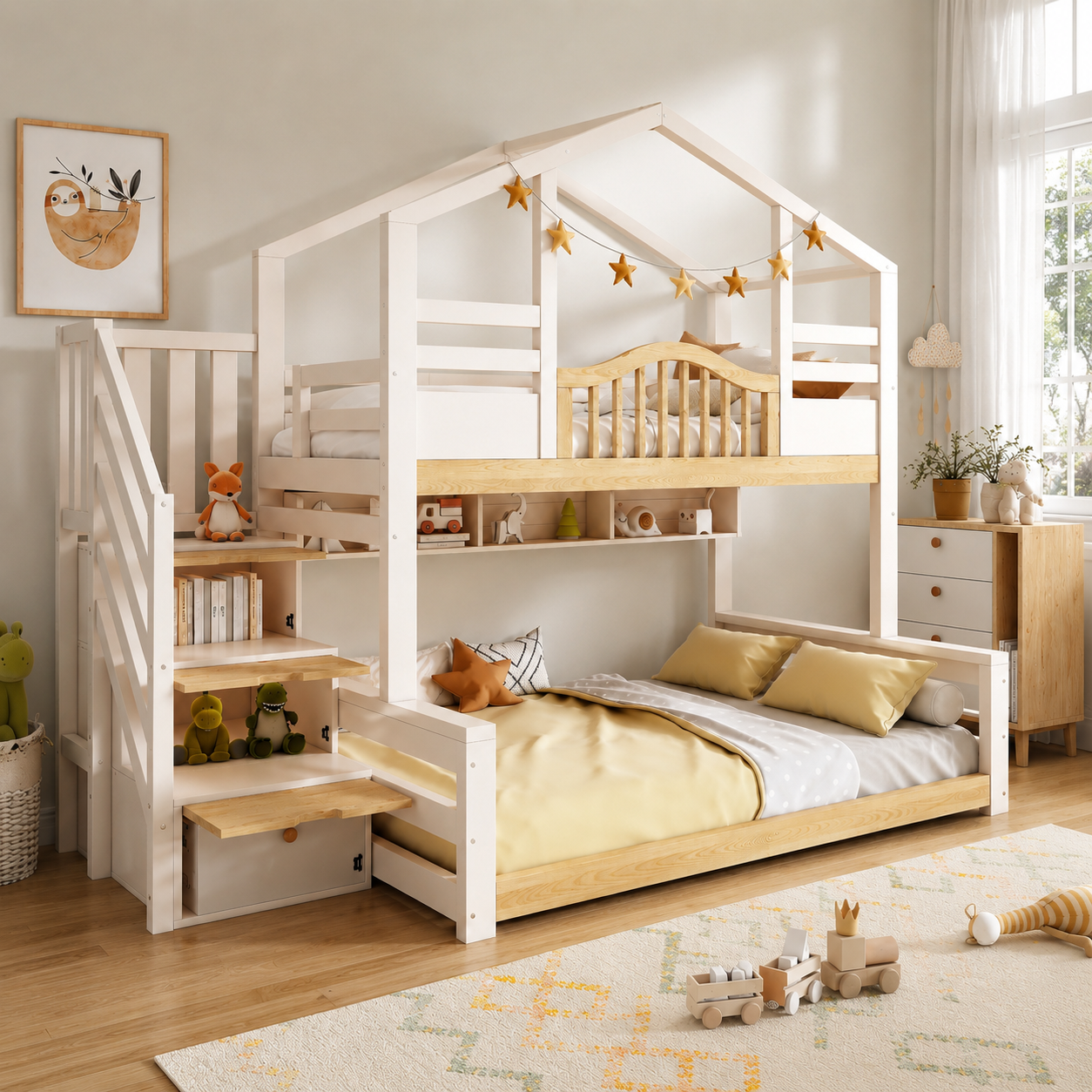 House Bunk Bed with Stairs &amp; Storage – Kids' House-Shaped Wooden Bed, 90/135 x 190 cm, White &amp; Natural