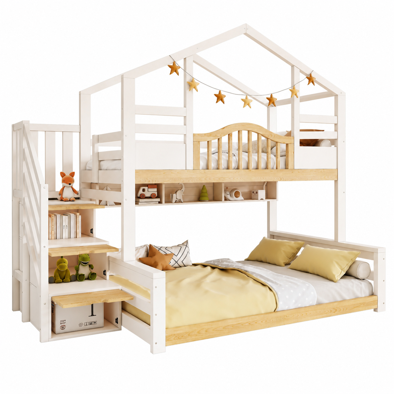 House Bunk Bed with Stairs &amp; Storage – Kids' House-Shaped Wooden Bed, 90/135 x 190 cm, White &amp; Natural