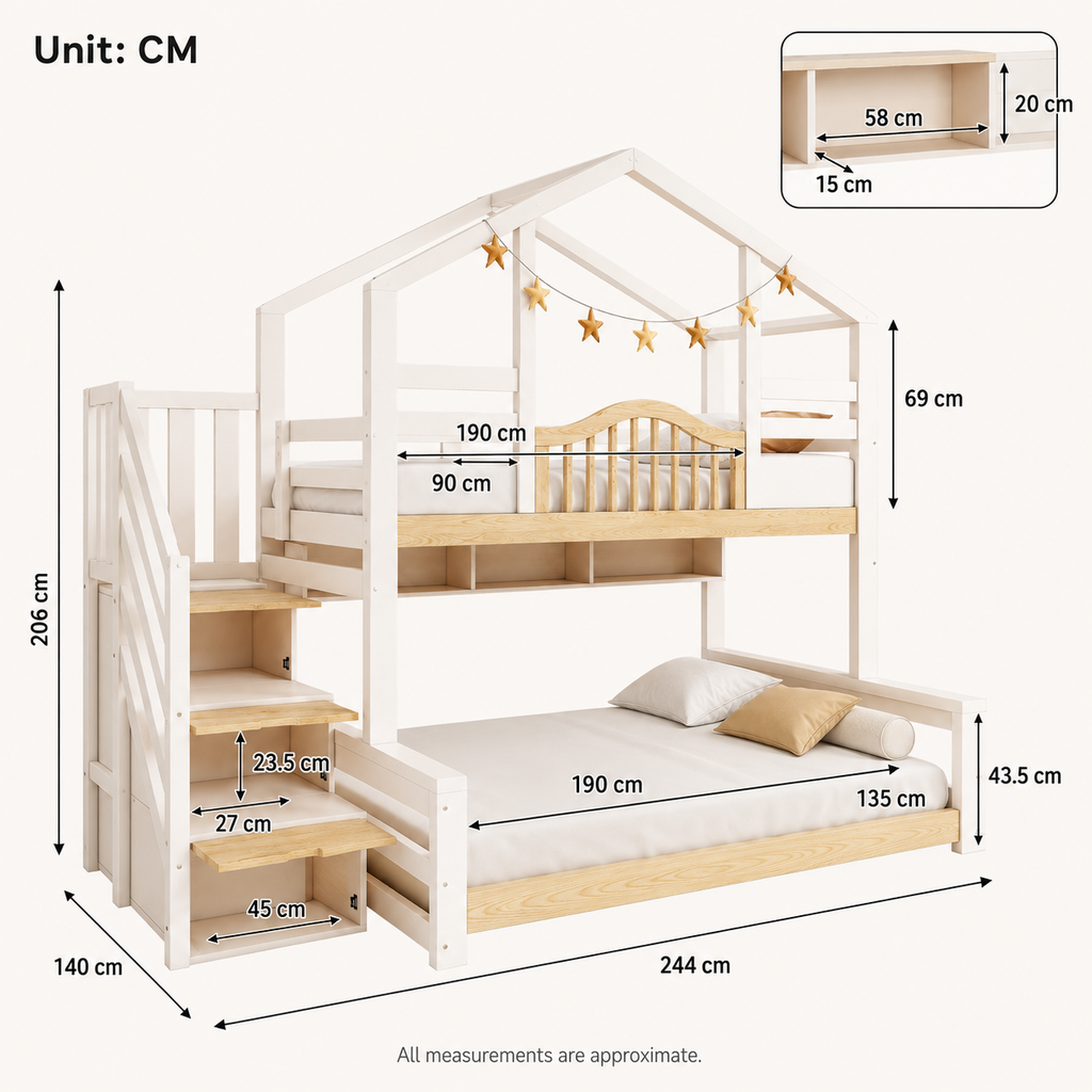 House Bunk Bed with Stairs &amp; Storage – Kids' House-Shaped Wooden Bed, 90/135 x 190 cm, White &amp; Natural