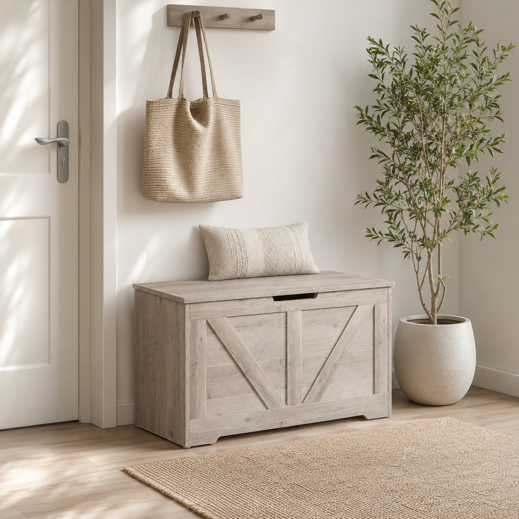 100L Home Storage Box, With Safety Hinges - Grey Wood-Effect