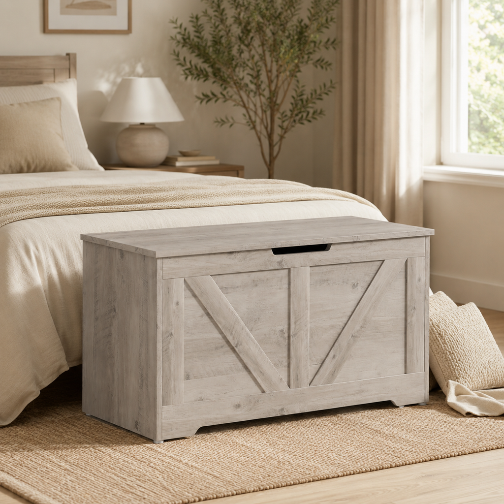 100L Home Storage Box, With Safety Hinges - Grey Wood-Effect