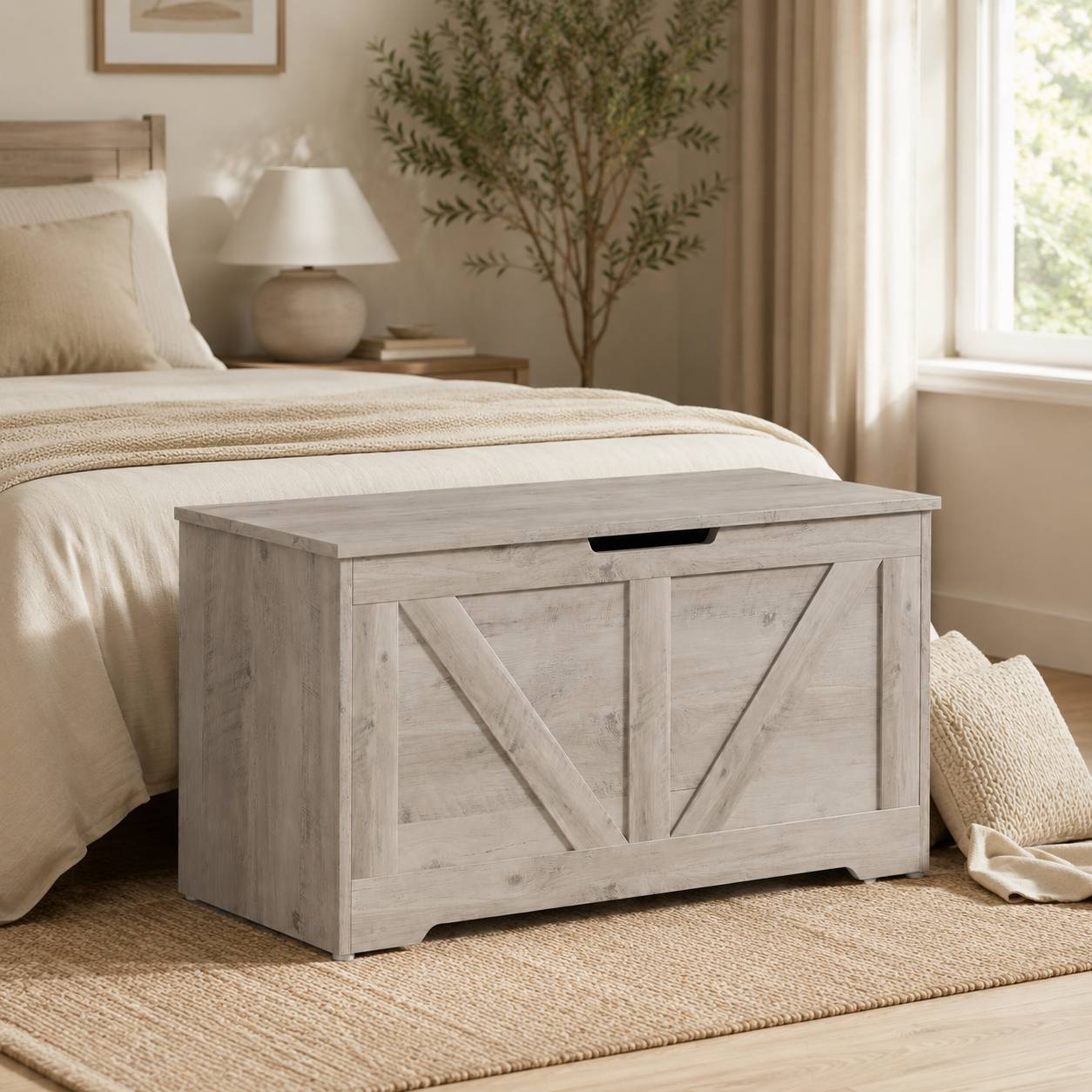 100L Home Storage Box, With Safety Hinges - Grey Wood-Effect