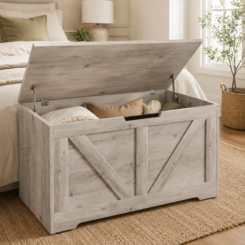 100L Home Storage Box, With Safety Hinges - Grey Wood-Effect