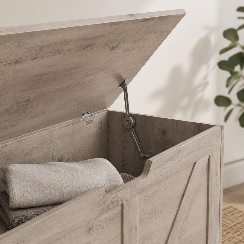 100L Home Storage Box, With Safety Hinges - Grey Wood-Effect