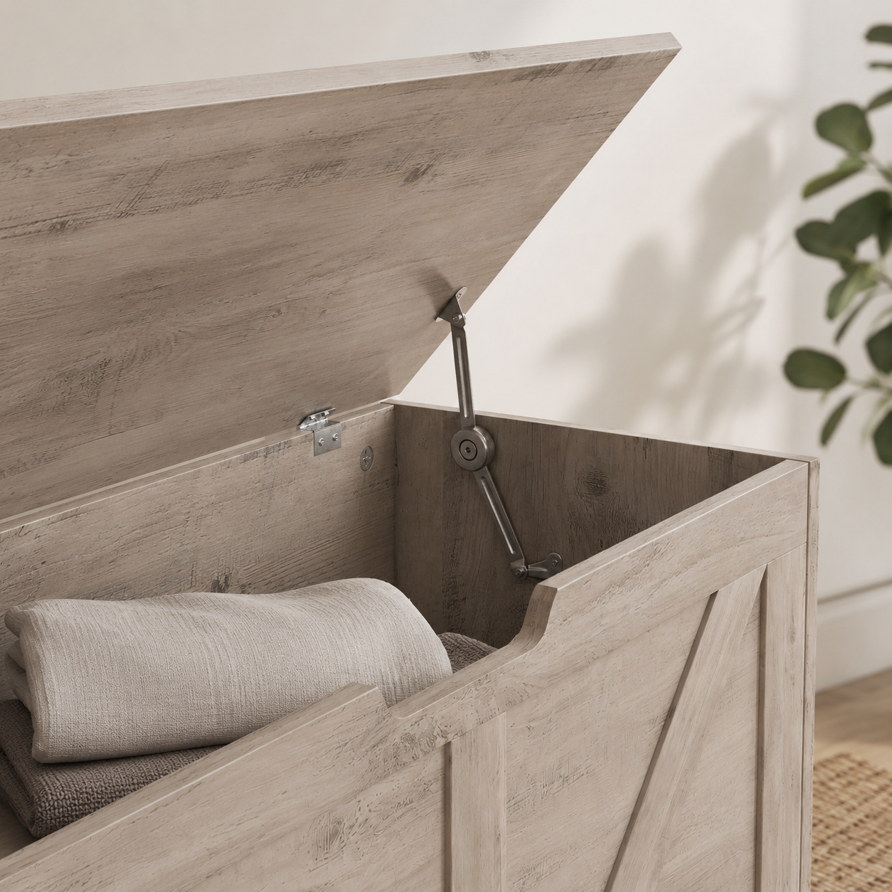 100L Home Storage Box, With Safety Hinges - Grey Wood-Effect