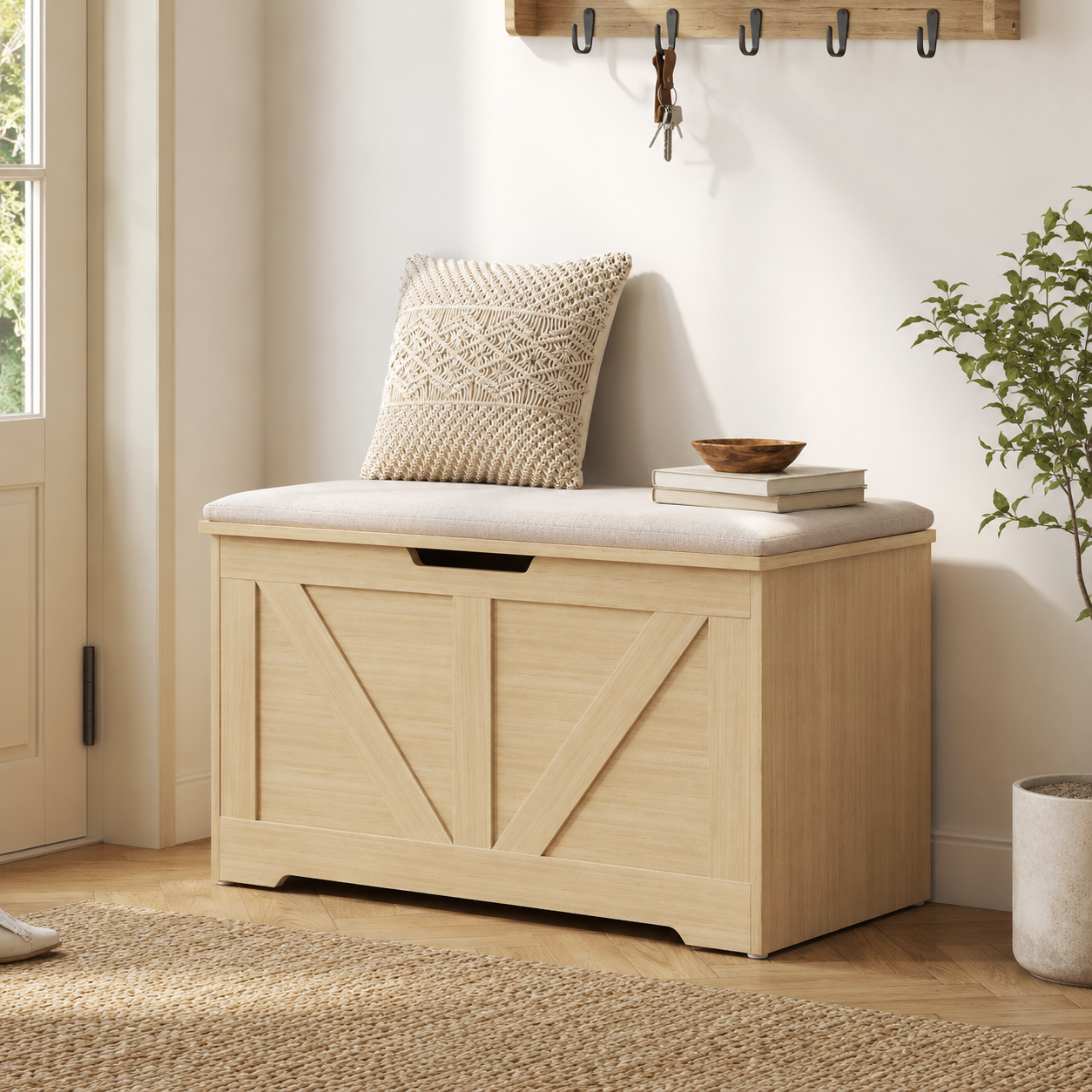 100L Home Storage Box, With Safety Hinges - Natural Wood Finish