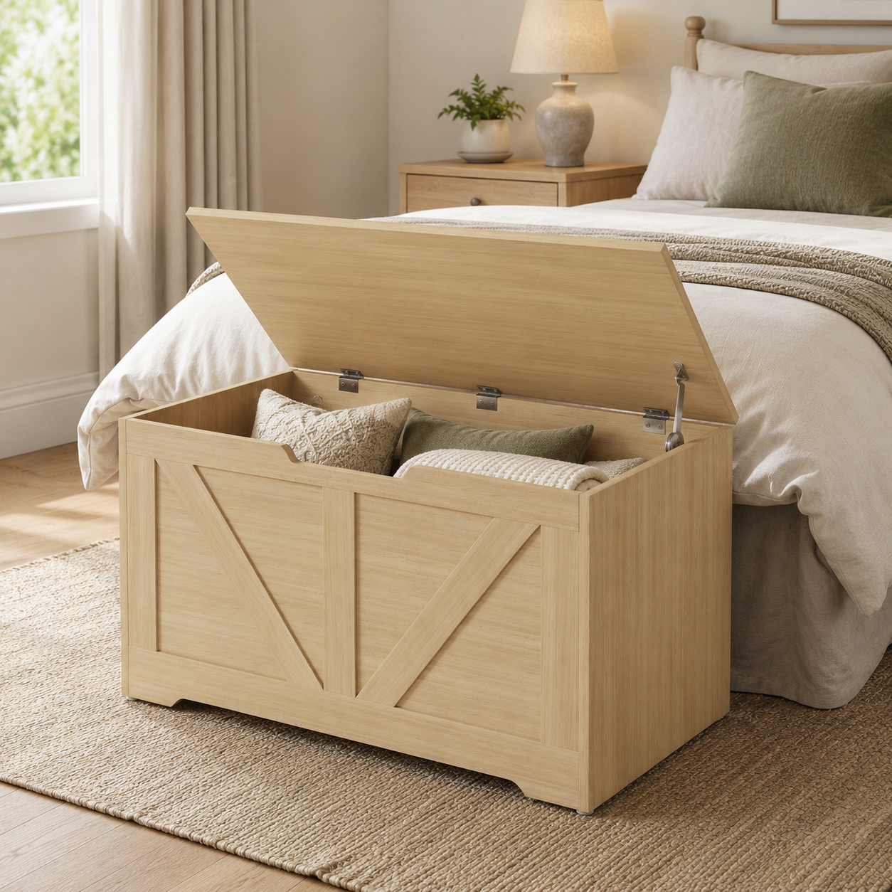 100L Home Storage Box, With Safety Hinges - Natural Wood Finish