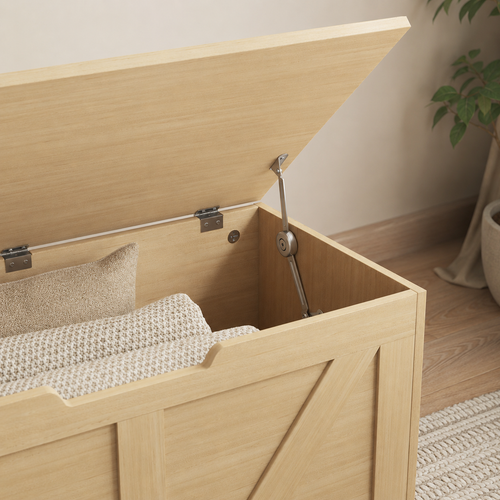 100L Home Storage Box, With Safety Hinges - Natural Wood Finish