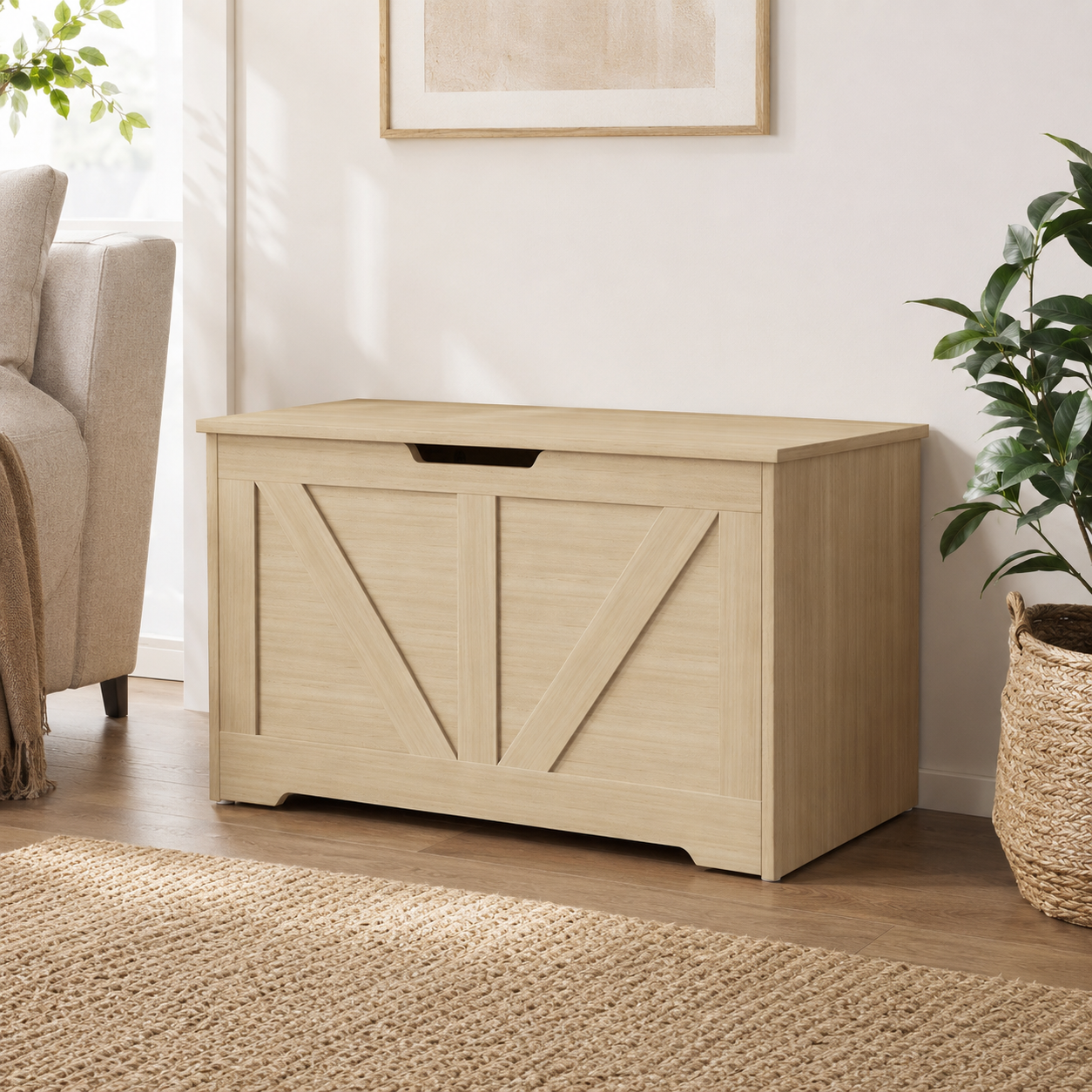 100L Home Storage Box, With Safety Hinges - Natural Wood Finish