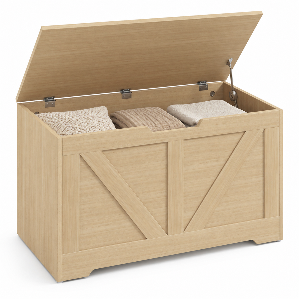 100L Home Storage Box, With Safety Hinges - Natural Wood Finish