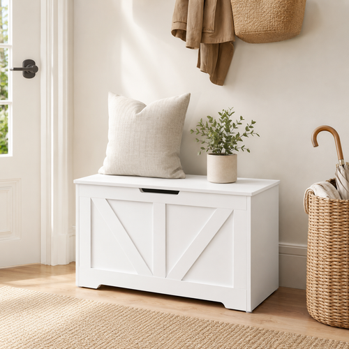 100L Home Storage Box, With Safety Hinges - White Wood-Effect