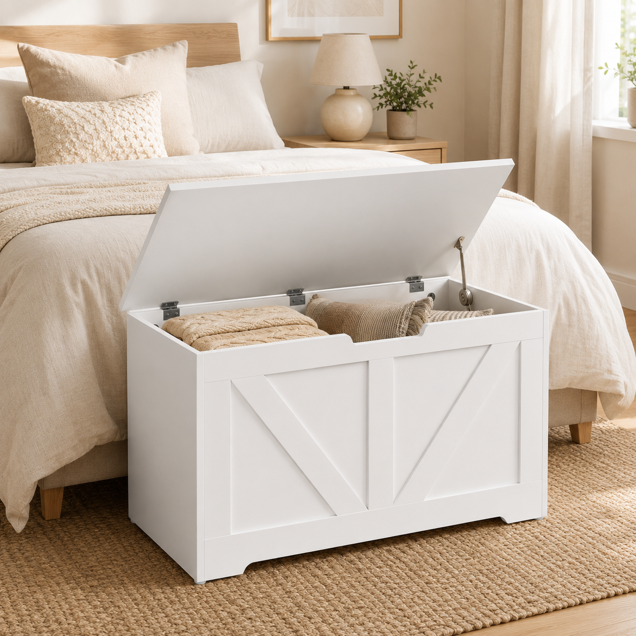 100L Home Storage Box, With Safety Hinges - White Wood-Effect