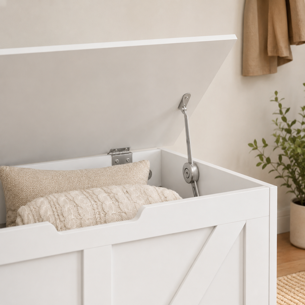 100L Home Storage Box, With Safety Hinges - White Wood-Effect