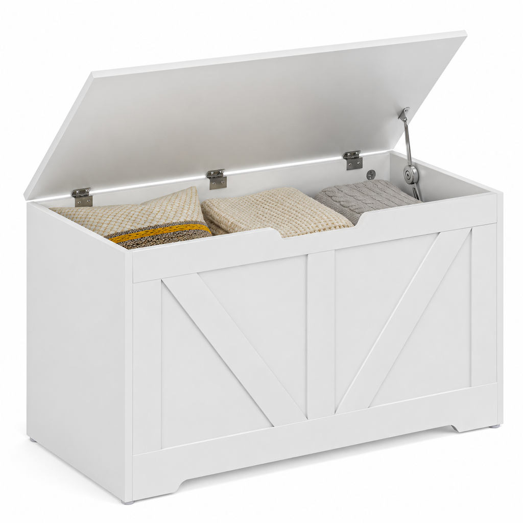 100L Home Storage Box, With Safety Hinges - White Wood-Effect
